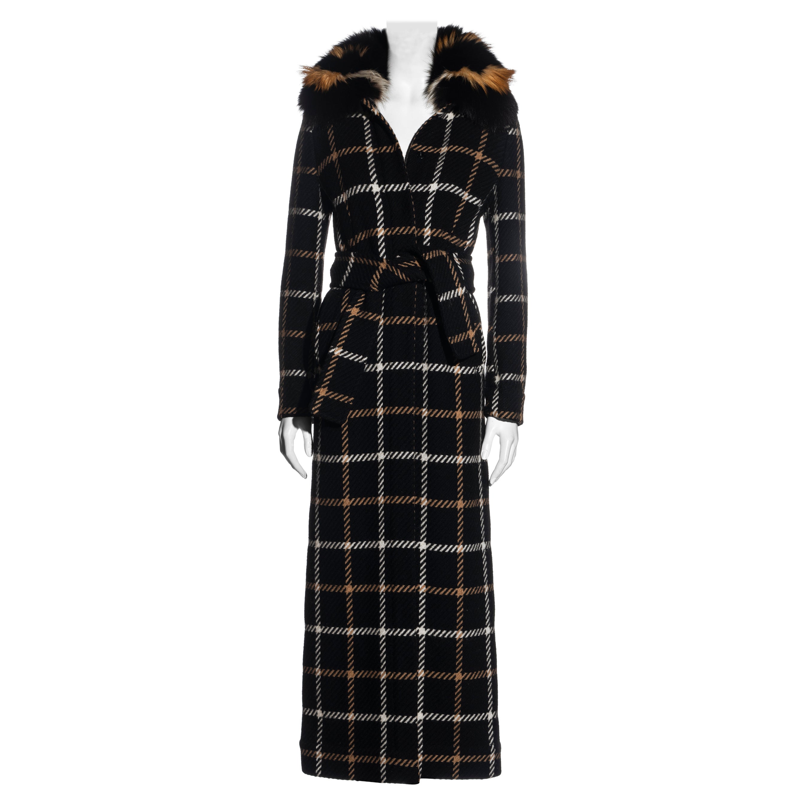 Dolce & Gabbana black and cream checked wool coat with fur collar, fw 1995 For Sale