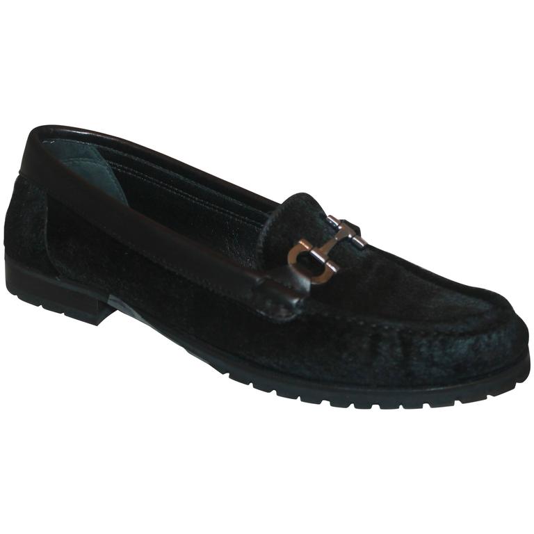 Salvatore Ferragamo Black Hair Loafers w/ Silver Front Buckle - 7AA For Sale at 1stDibs