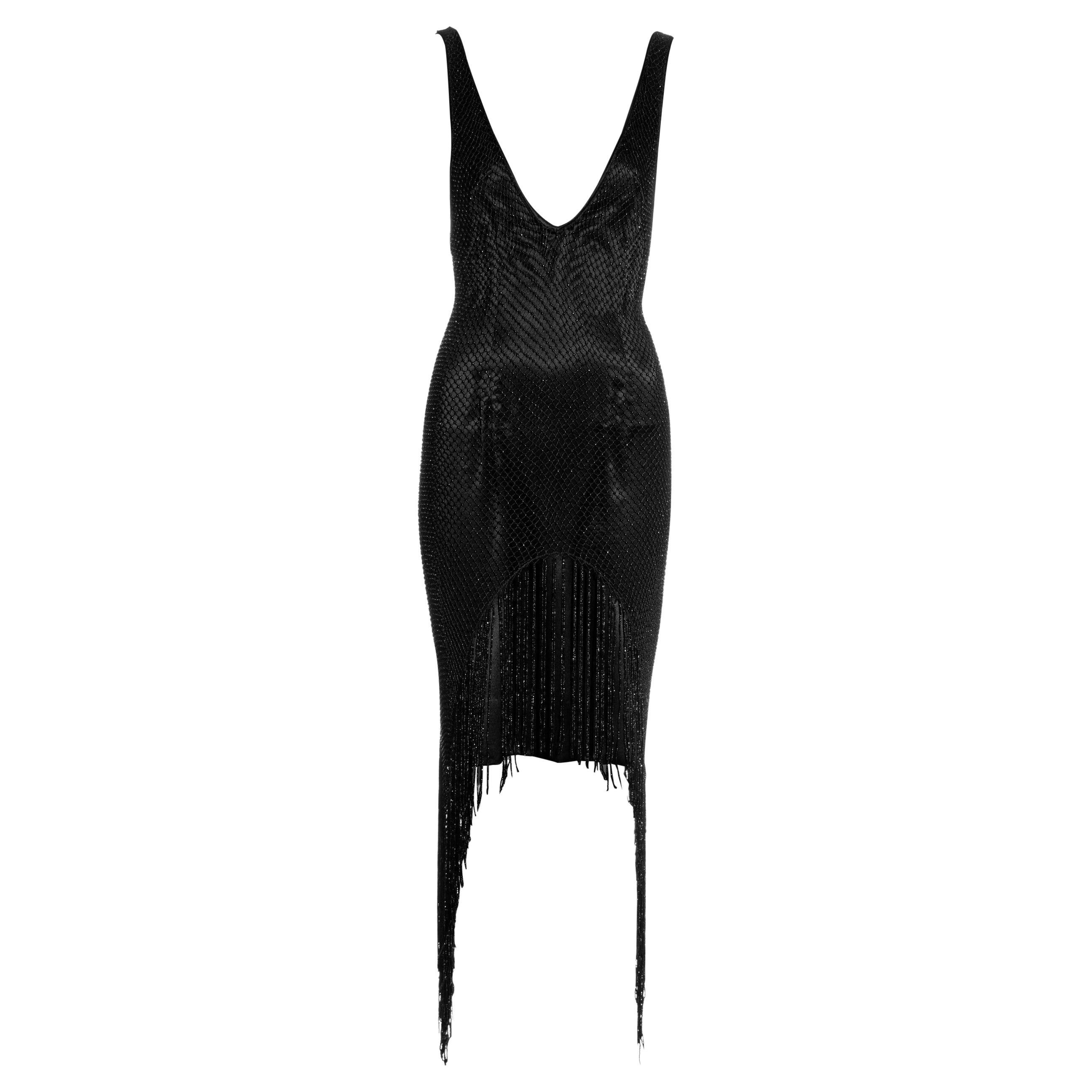 Gucci by Tom Ford black silk low plunge dress with beaded net overlay, fw 2002 For Sale