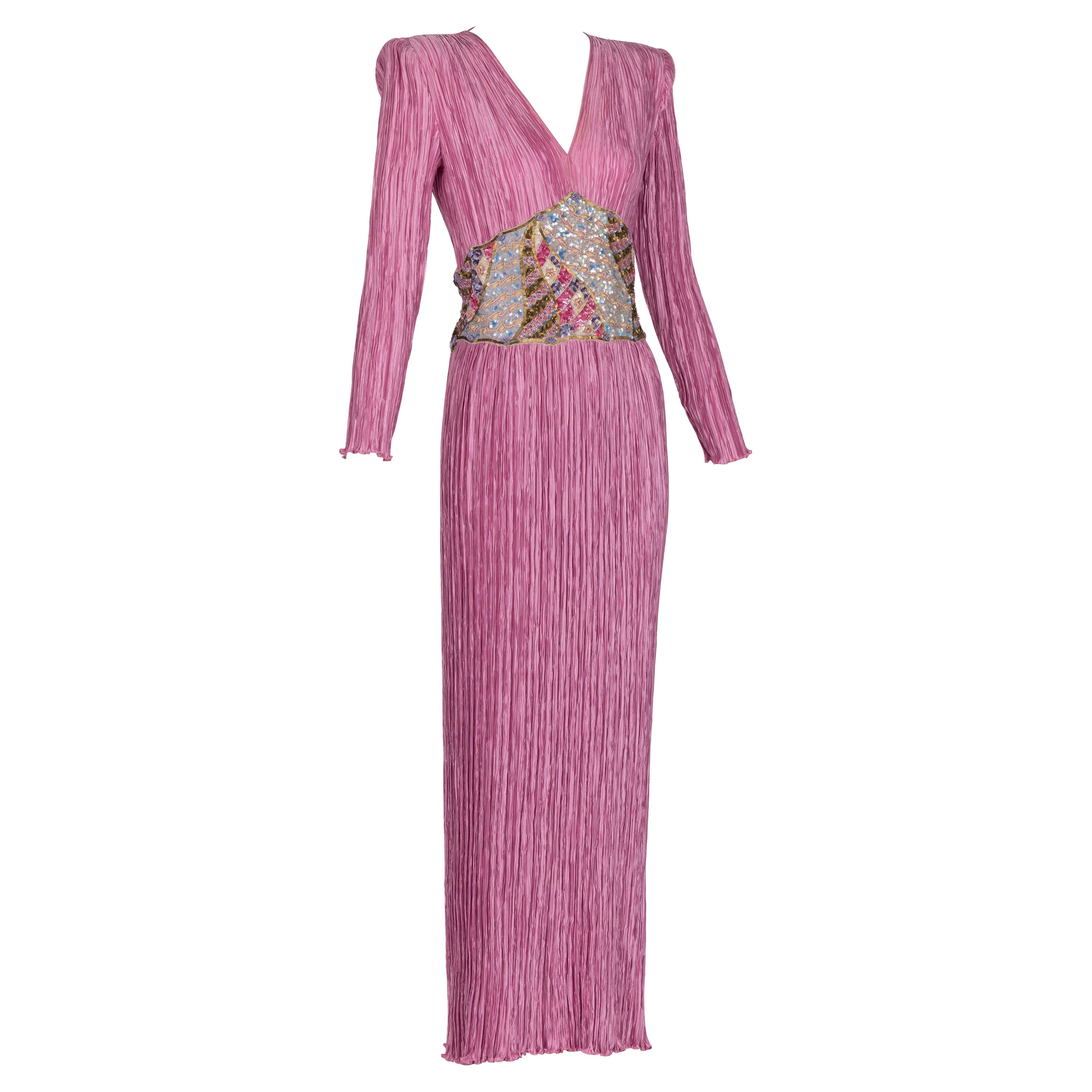Vintage Mary Mcfadden Couture Pink Pleated Beaded Waist Maxi Column Dress