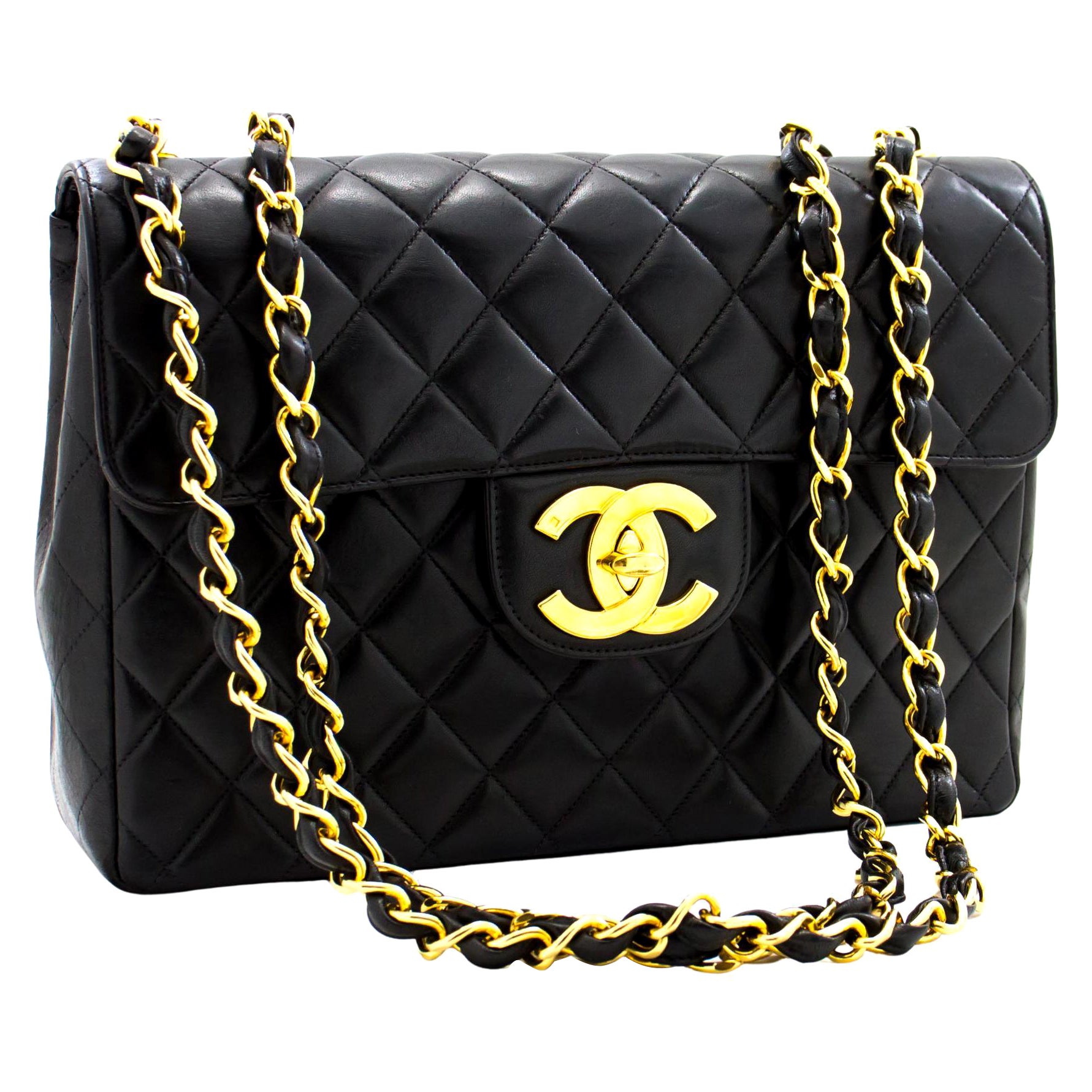 CHANEL Jumbo 11" Large Chain Shoulder Bag Flap Lambskin Black