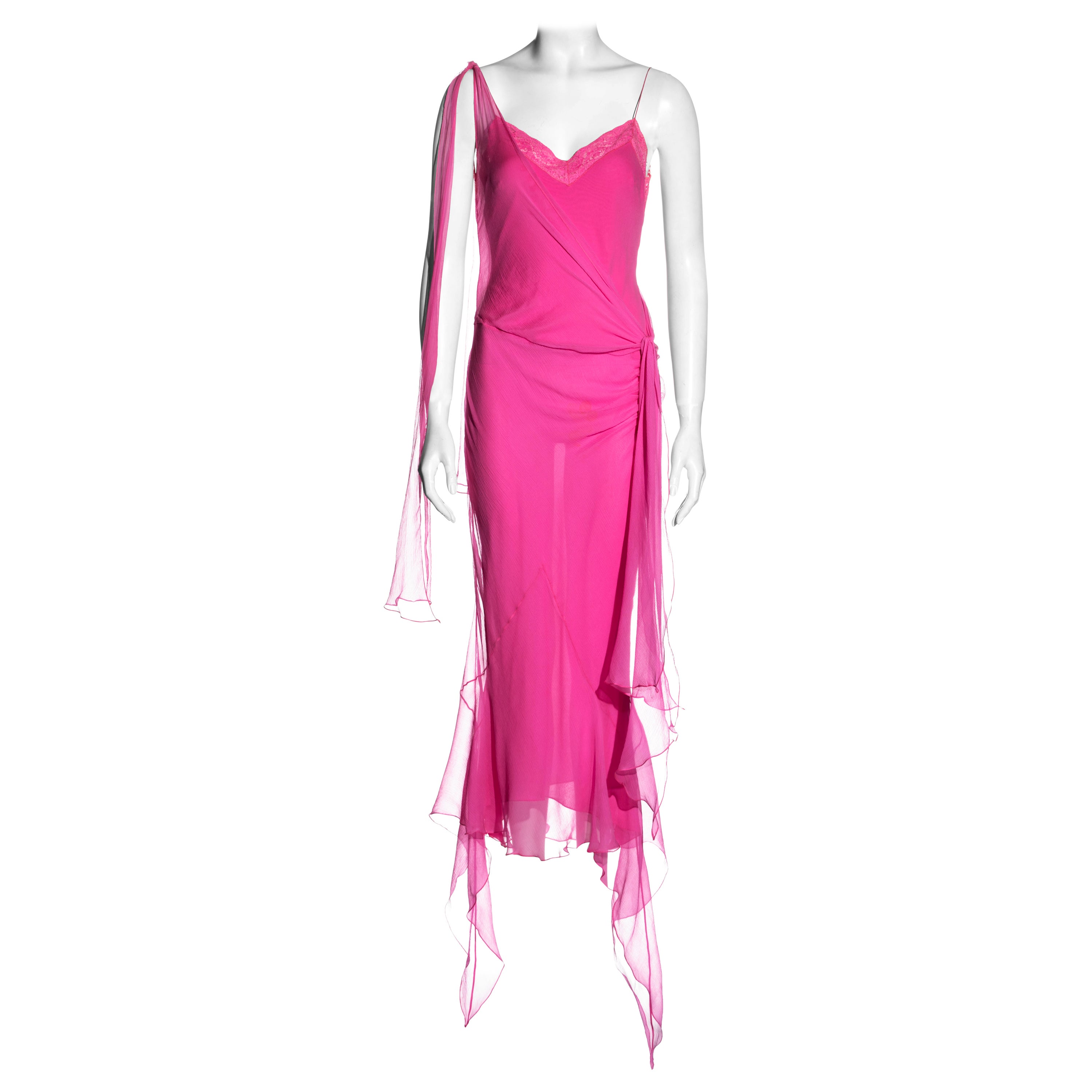 John Galliano hot pink silk chiffon bias-cut evening dress, ss 2004 For Sale