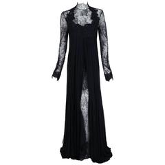 2010 Rafael Cennamo Couture Black Beaded Lace-Illusion Gothic Trained Gown