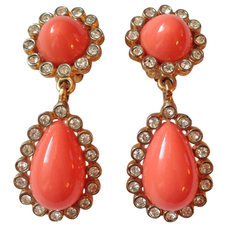 1960s Jay Lane Faux Coral and Rhinestone Earrings at 1stDibs