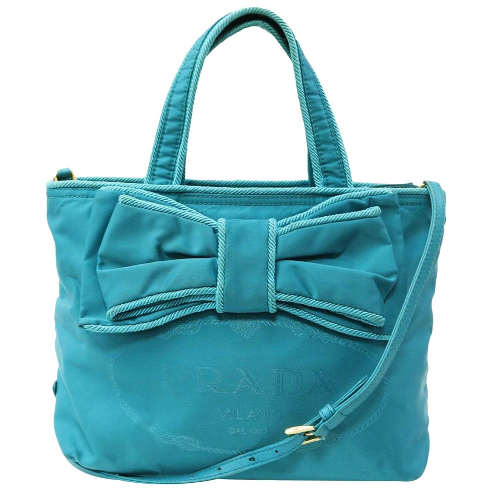 Prada Blue Nylon Tessuto Bow Logo ConvertibleTote Bag 863124 For Sale
