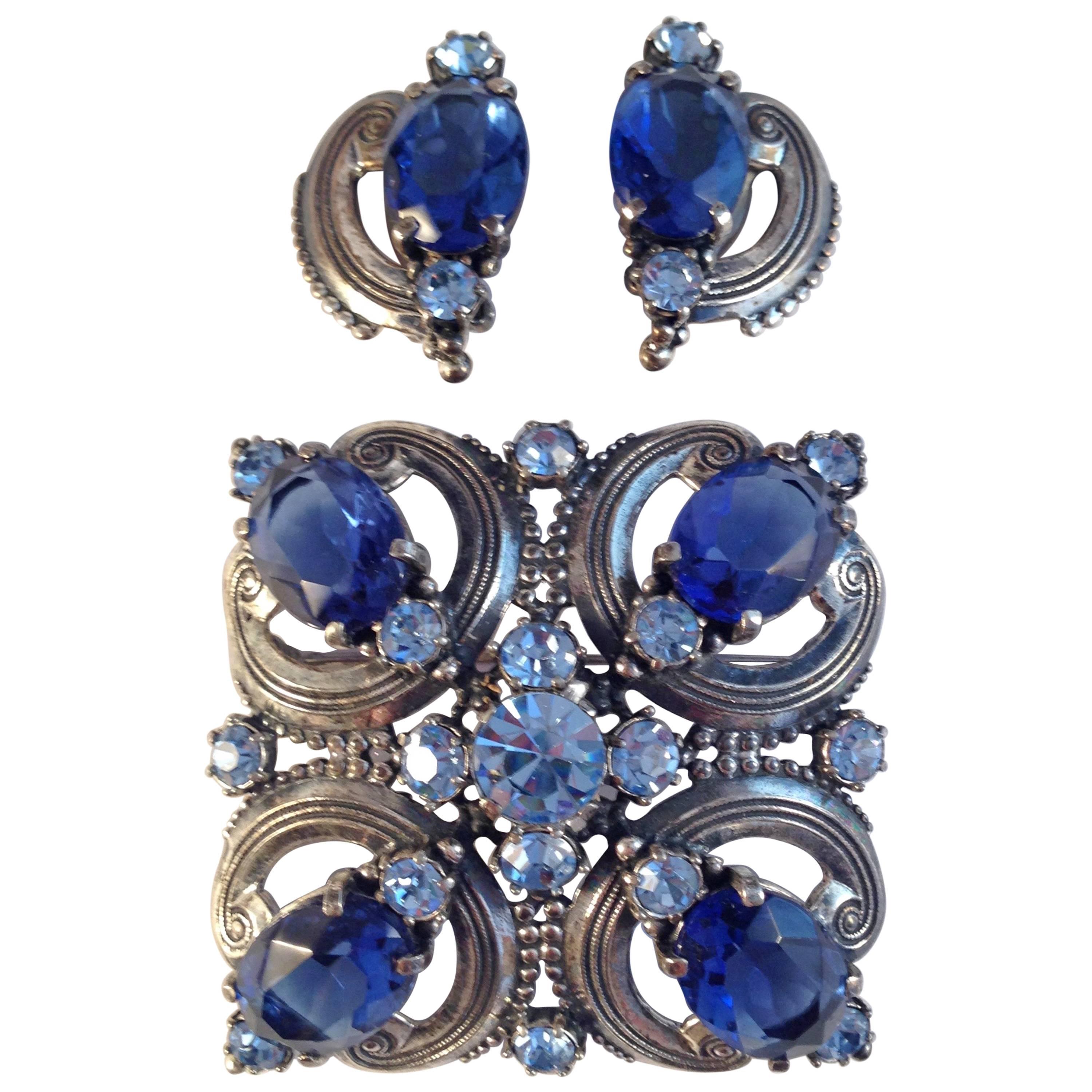 Schiaparelli Brooch and Earrings 1940s Silvertone and Blue Stones  For Sale