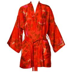 1970s Vintage Hand Woven Thai Silk Kimono Robe with Block Print