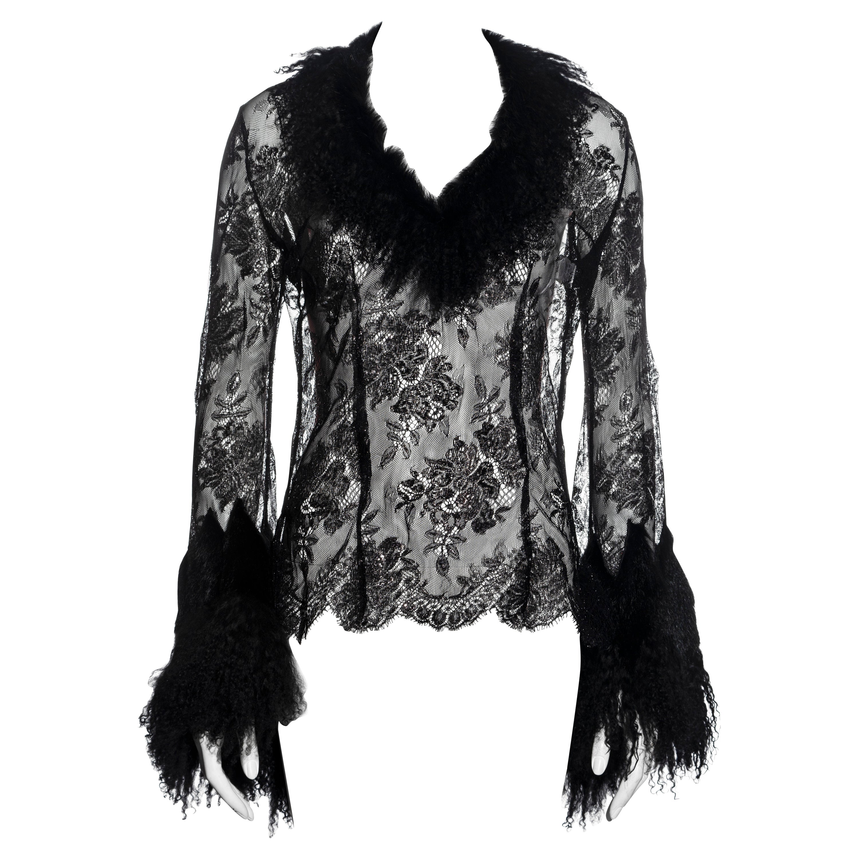 Roberto Cavalli black metallic lace and Mongolian lamb fur blouse, fw 1999 For Sale