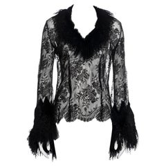Vintage Roberto Cavalli black metallic lace and Mongolian lamb fur blouse, fw 1999