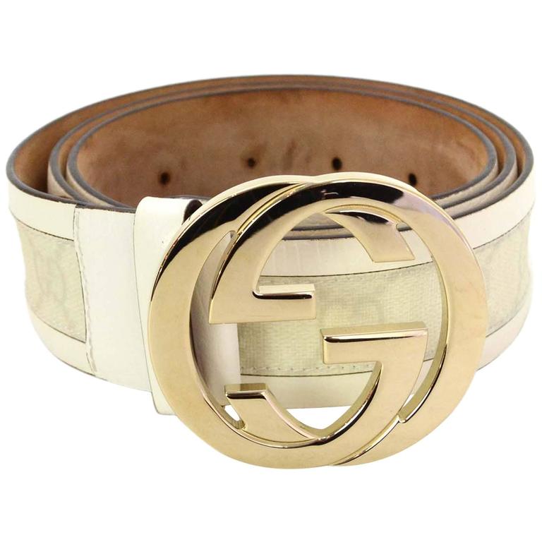 Gucci Monogram White Leather and Canvas Belt sz L SHW at 1stDibs