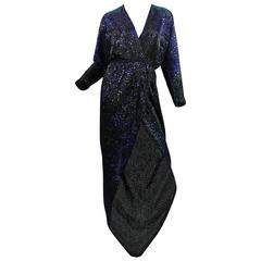 Vintage Halston Fully Beaded Gown with High Wrap Slit