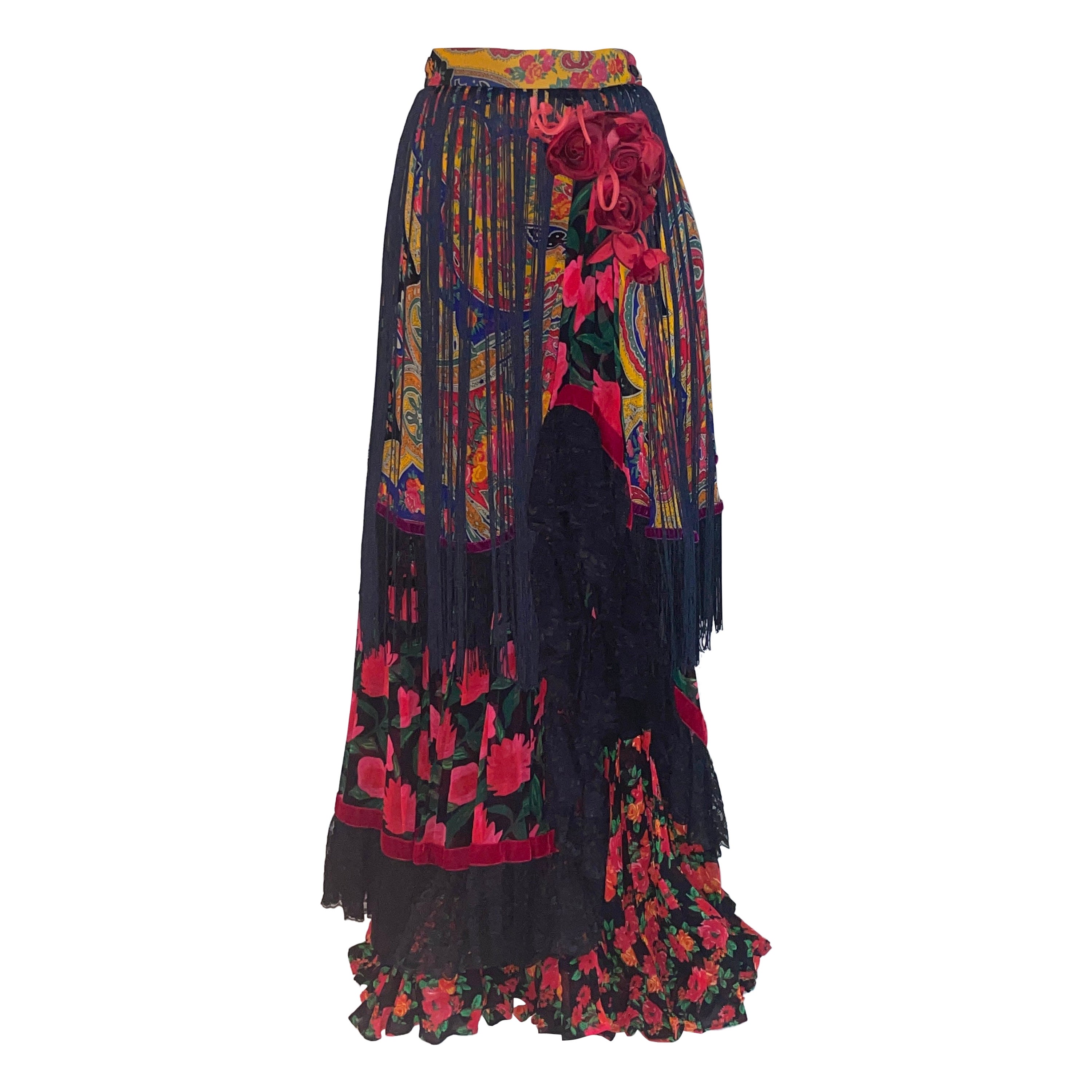 1990s Dolce and Gabbana Tiered Floral Fringe Skirt in Black Red and Yellow For Sale