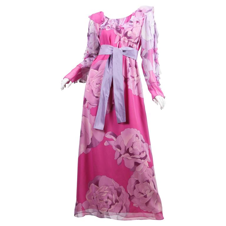 1970s Hanae Mori Romantic Pale Purple Print Chiffon Dress