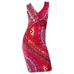 1990s Emilio Pucci Silk Jersey Size 8 Mosaic Pink Bright Orange Vintage Dress