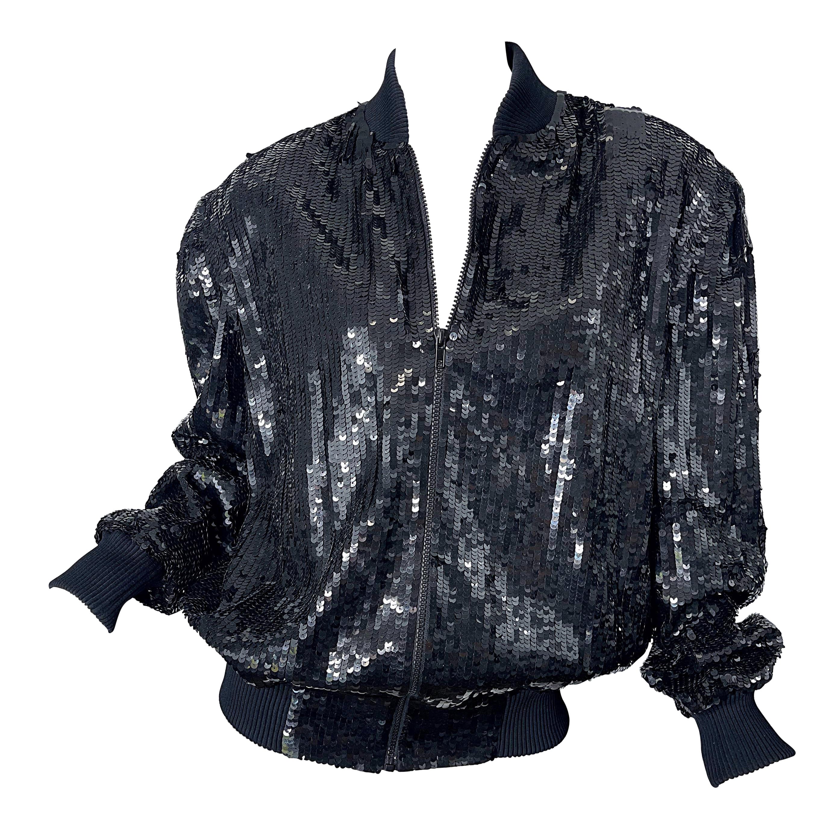 1980s XL Black Fully Sequin Beaded Silk Vintage 80s Bomber Jacket Large Size For Sale