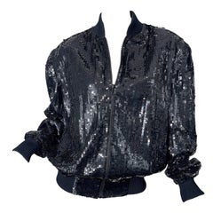 1980s XL Black Fully Sequin Beaded Silk Vintage 80s Bomber Jacket Large Size