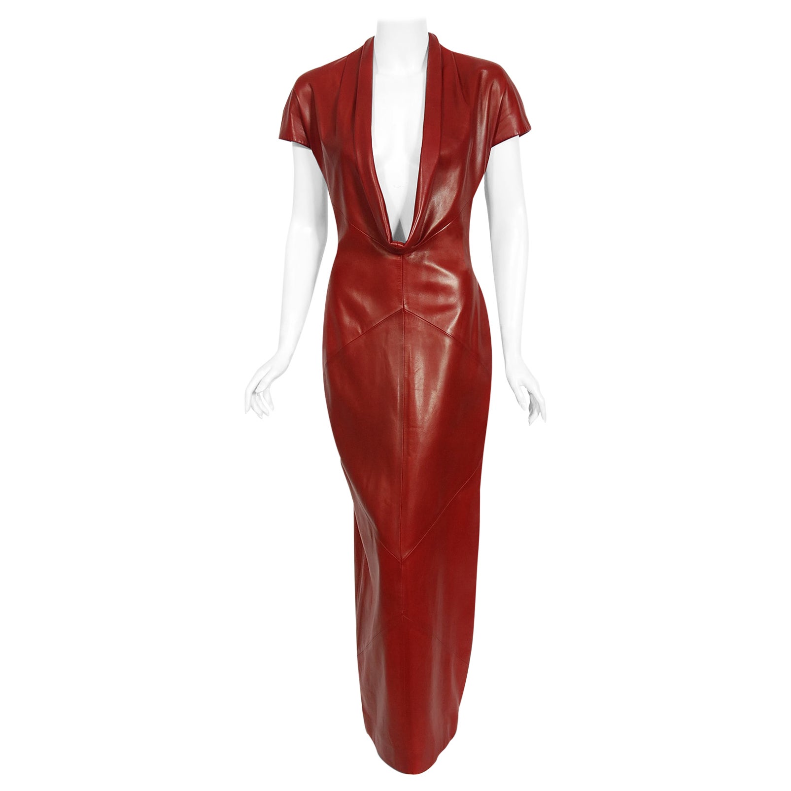 Vintage 1998 Alexander McQueen For Givenchy Runway Red Leather Low-Plunge Gown 