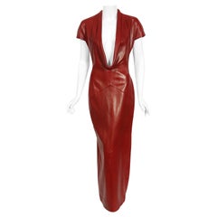 Retro 1998 Alexander McQueen For Givenchy Runway Red Leather Low-Plunge Gown 