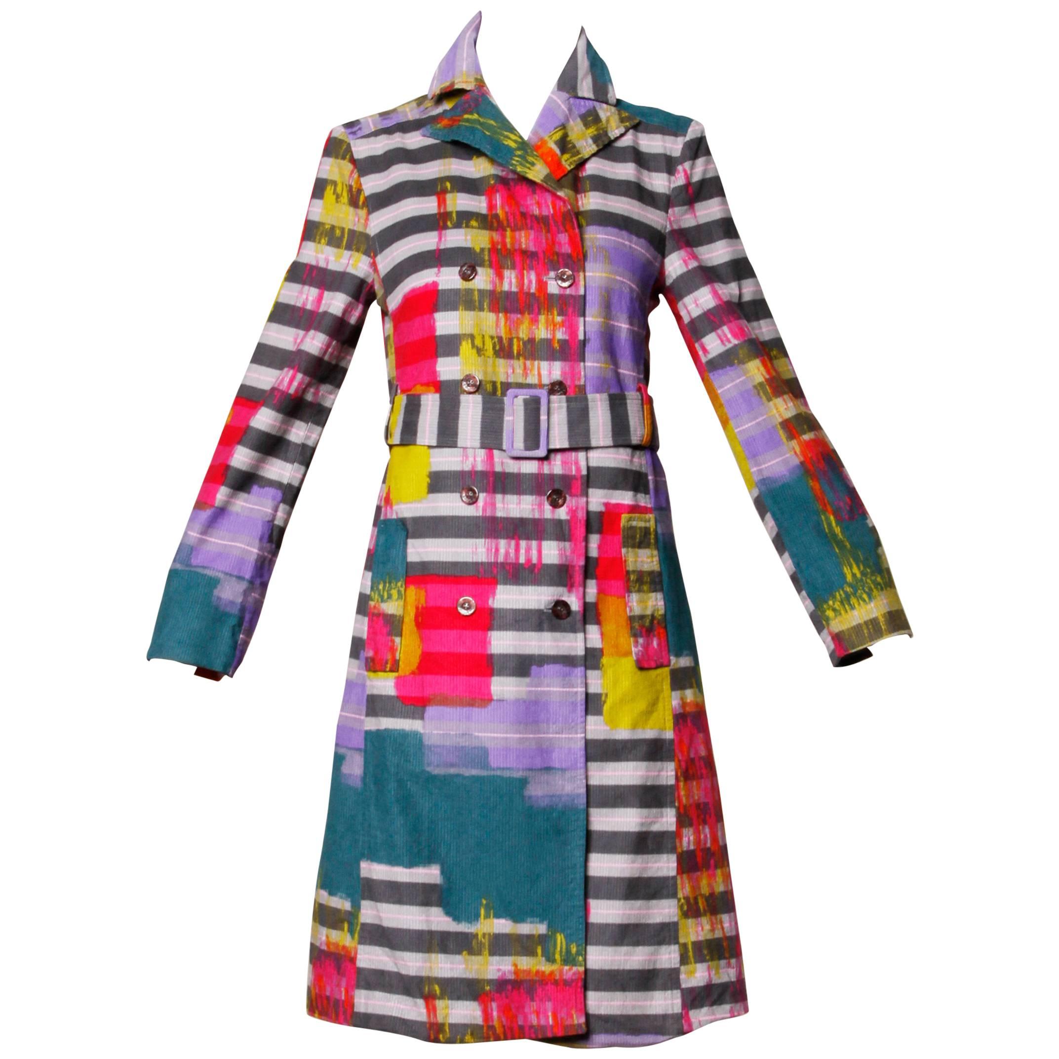 Christian Lacroix Vintage Neon Striped Paint Splash Coat with Belt