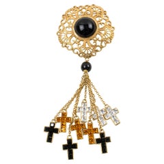 Valentino Black and Orange Jeweled Pin Brooch Dangling Cross