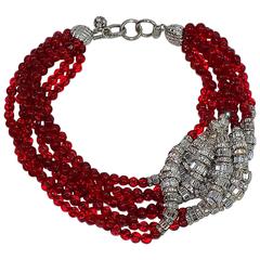 Retro Anne Klein Couture divine massive 7 rows ruby red glass beads Necklace