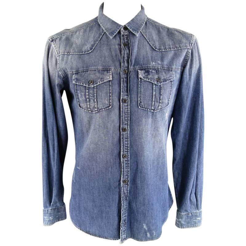 PIERRE BALMAIN Men's Size L Washed Indigo Denim Long Sleeve Shirt