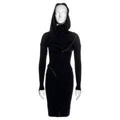 Azzedine Alaia navy knitted virgin wool bodycon hooded dress, fw 1986