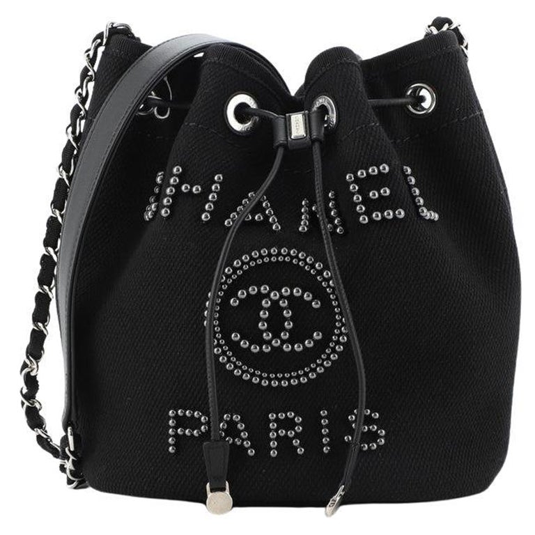 Chanel Deauville Drawstring Bucket Bag Pearl Embellished Canvas Medium