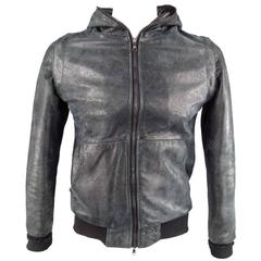 Used GIORGIO BRATO 38 Black Brushed Leather  Hooded Bomber Jacket