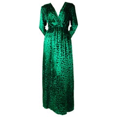 Vintage YVES SAINT LAURENT Emerald Green Velvet Leopard Gown