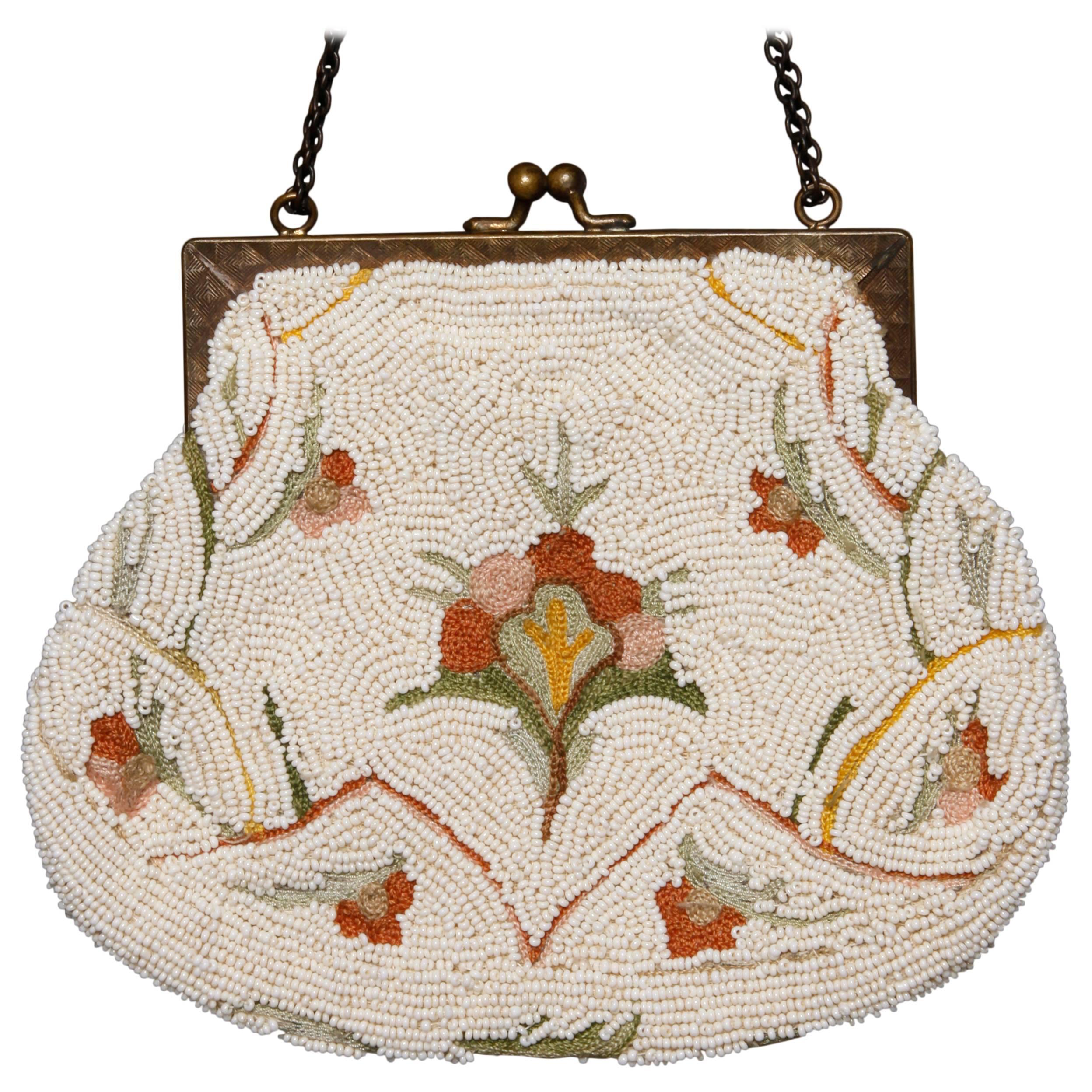 French Hand Made White Beaded Bag with Floral Embroidery