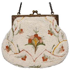 Antique French Hand Made White Beaded Bag with Floral Embroidery