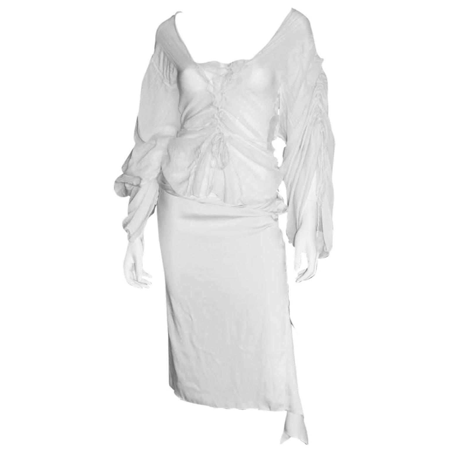 Incredible White Tom Ford Gucci  FW 2002 Silk Gothic Collection Blouse & Skirt!