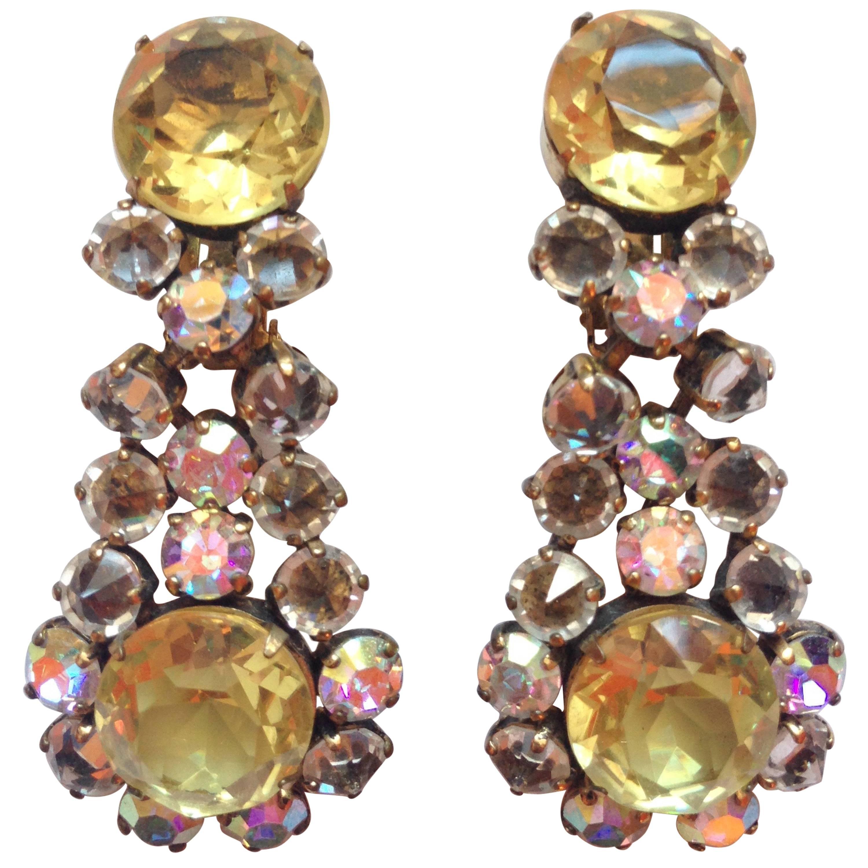 1950s Schreiner Yellow and Clear Crystal Glass Chandelier Earrings 