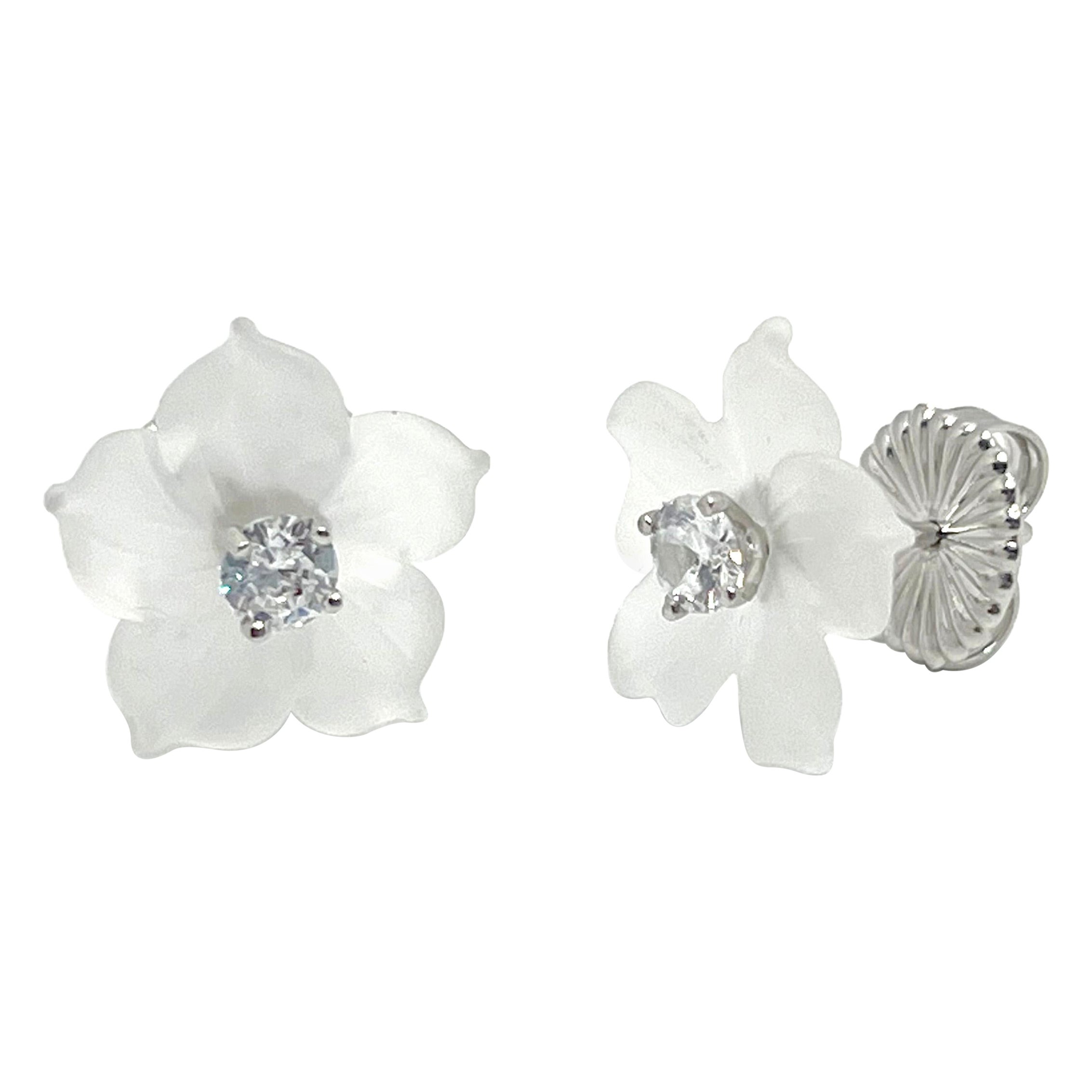 14mm Carved Frosted Quartz Flower Sterling Silver Earrings For Sale