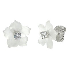 Used 14mm Carved Frosted Quartz Flower Sterling Silver Earrings
