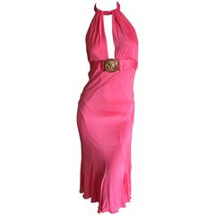 Vintage Versace Backless Pink Cocktail Dress with Large Gold Medusa Buckle