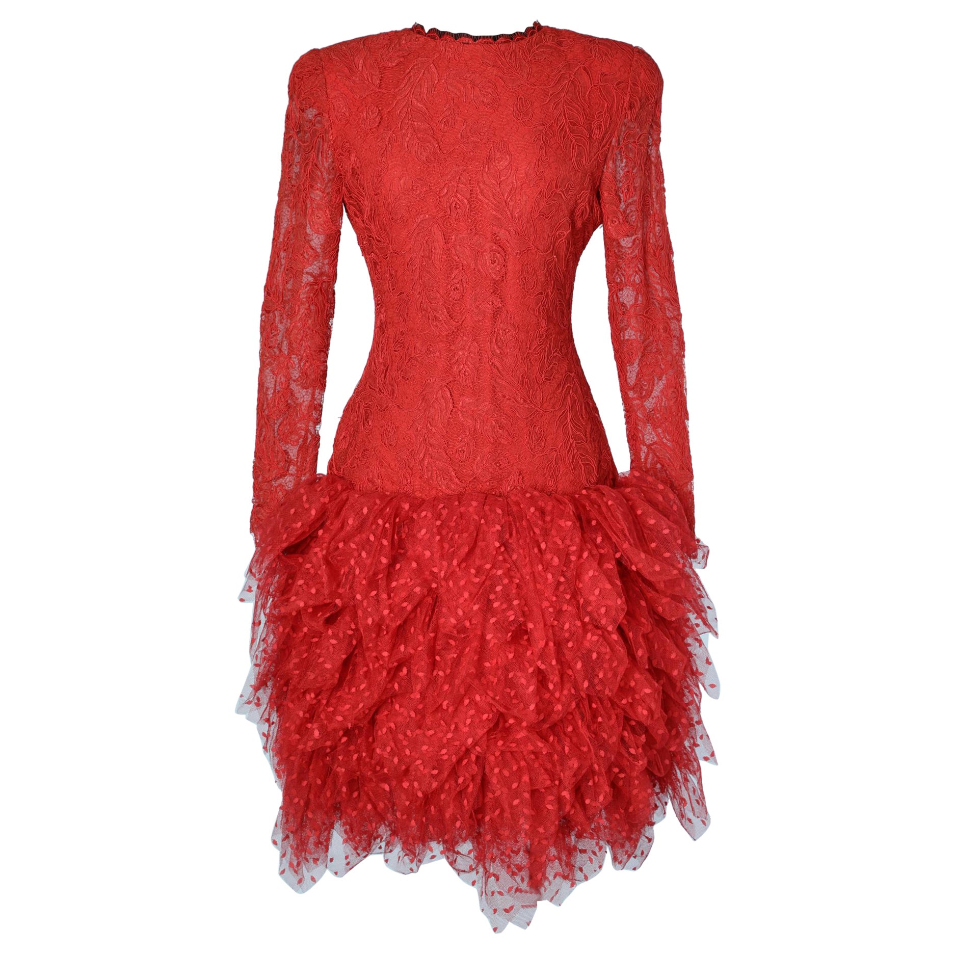 Red cocktail dress in lace and plumetis tulle Bill Blass 