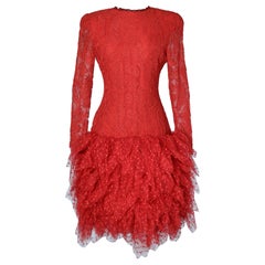 Red cocktail dress in lace and plumetis tulle Bill Blass 
