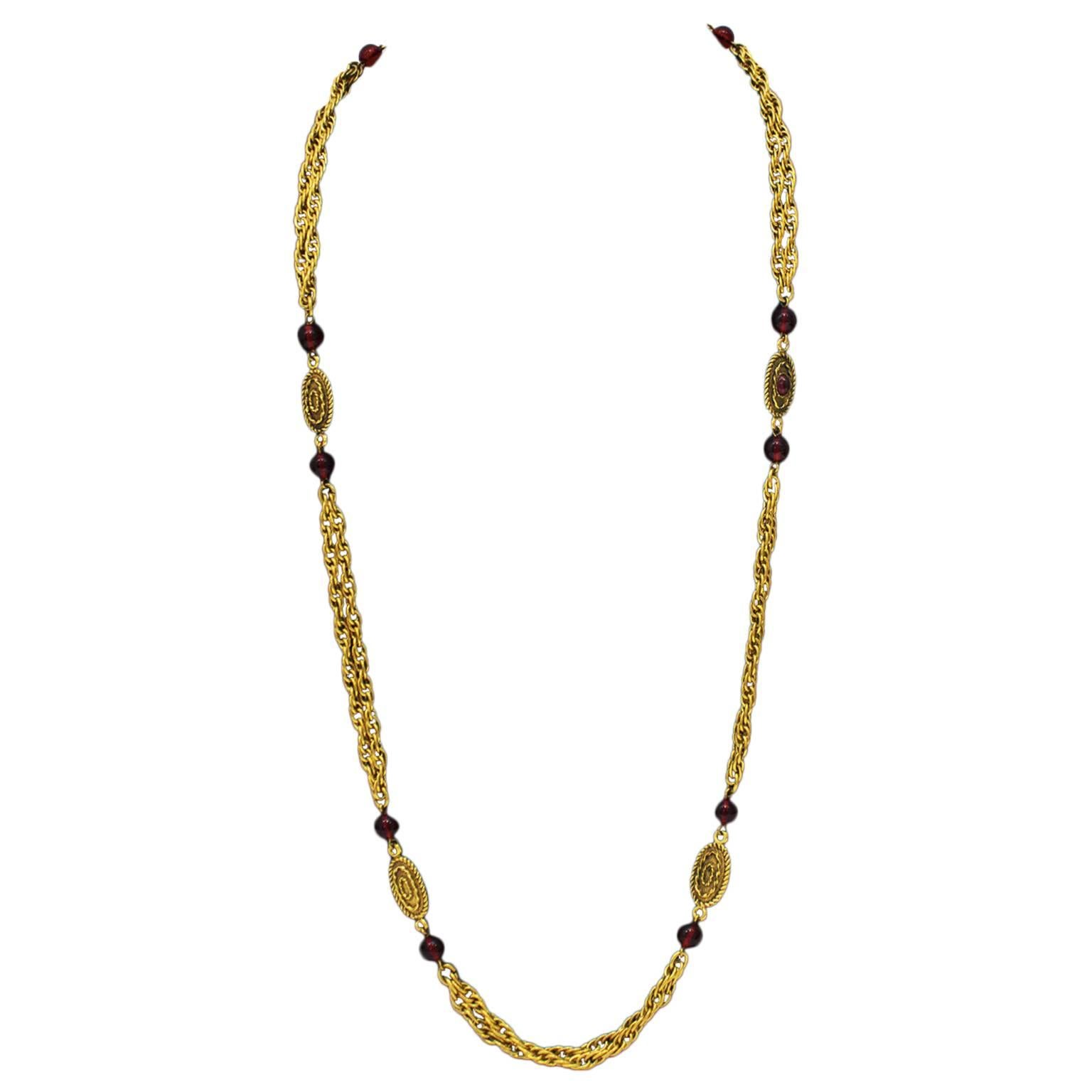 1982 Chanel Double Chain Necklace with Red Glass Beads