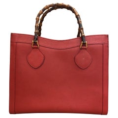 1990s Gucci Red Leather Bamboo Tote Diana Tote (Medium)