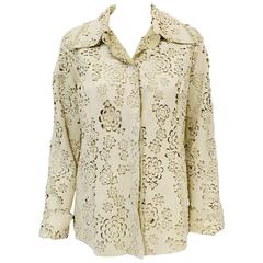 Floral Laser Cut Ivory Leather Shirt Jacket With Double Pointed Collar