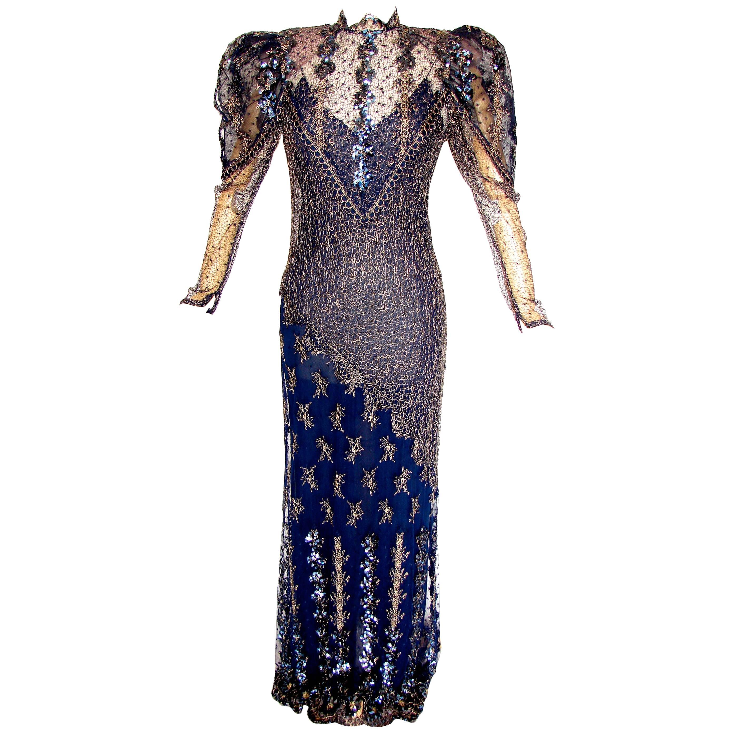 Judy Hornby Couture Long Dress Navy Gigot Sleeve & Gold Lace Embroidery Sz10 
