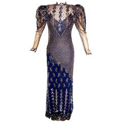 Vintage Judy Hornby Couture Long Dress Navy Gigot Sleeve & Gold Lace Embroidery Sz10