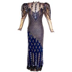 Judy Hornby Couture Long Dress Navy Gigot Sleeve & Gold Lace Embroidery Sz10 