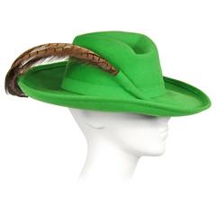 1970s Green Vintage Adolfo Feather Wide Brim Hat 3