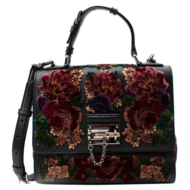 Dolce & Gabbana Monica Floral Velvet Black Leather Bag