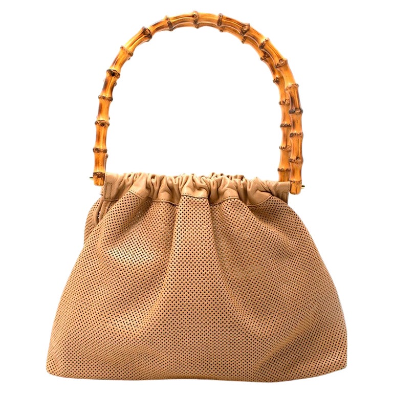 Gucci Beige Perforated Leather Bamboo Top Handle Bag For Sale