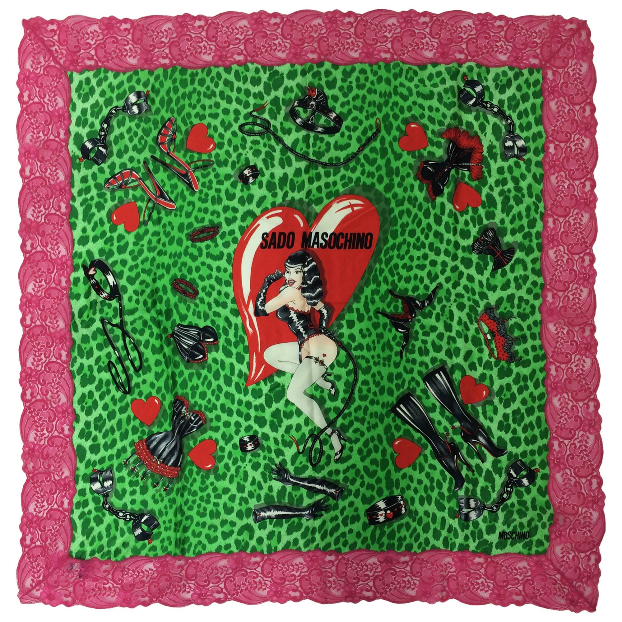 Moschino Sado Masochino large silk scarf with hot pink lace border 41" x 41"