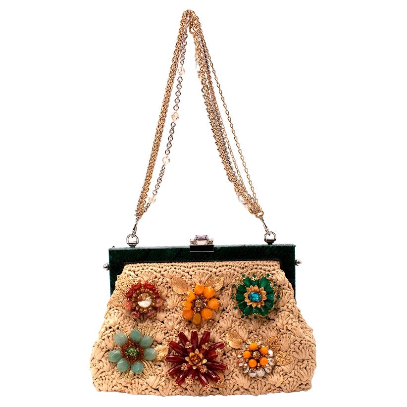 Dolce & Gabbana Crystal-Embellished Raffia Snakeskin Frame Bag For Sale